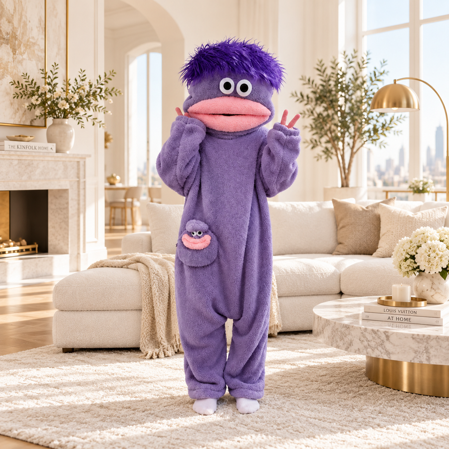 Purple FROGGI plush character onesie – premium studio view