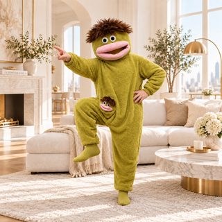 Green FROGGI plush character onesie – premium studio view