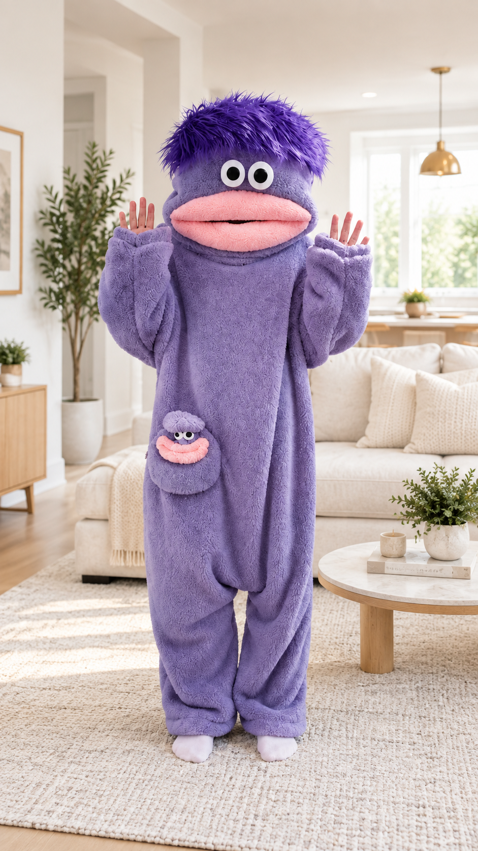 Purple FROGGI plush onesie in a bright living room